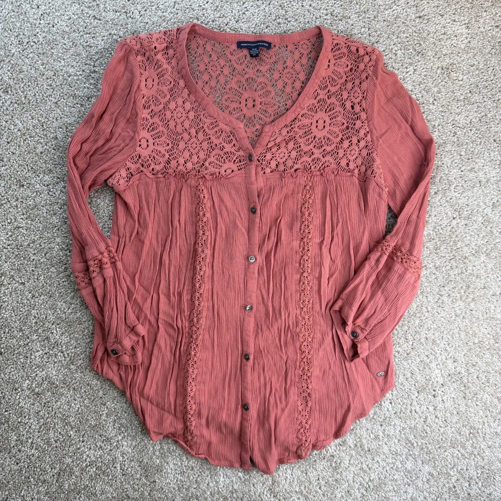 American Eagle Outfitters Blouse Womens M Pink Crochet Lace Button Tunic Top